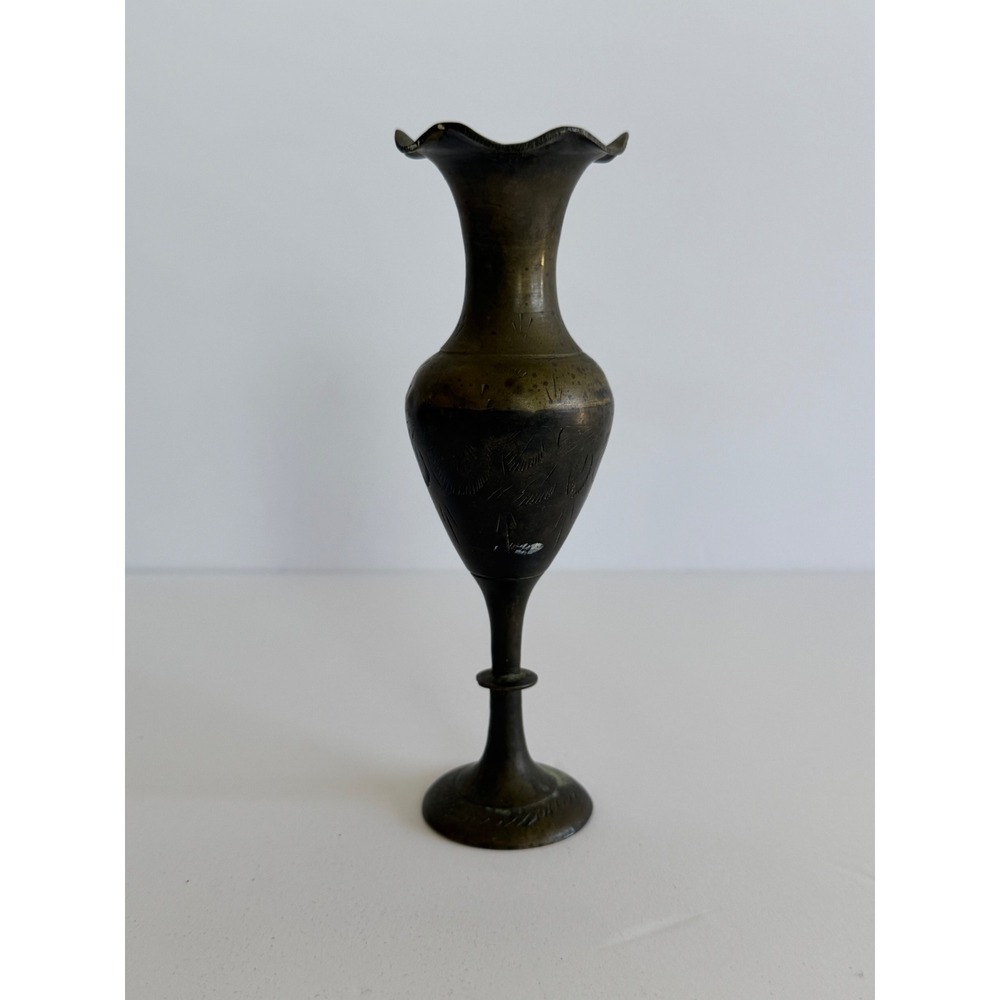 Vintage Etched Brass Bud Vase Ruffled Rim Footed Floral Design 7.25 Inch